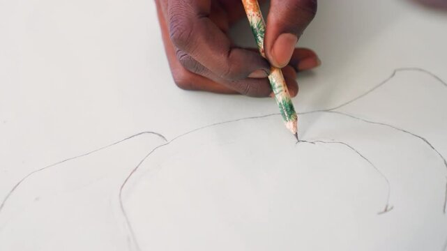 Black hand tracing petal lines on paper, closeup of black illustrator mapping painting composition with worn green pencil, dotted guide marks, concentrated gesture, minimal background, studio workshop