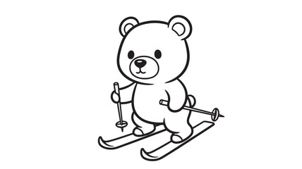 Fototapeta premium Bear skiing with poles and skis, rendered in a simple, black and white line art style for children's illustrations and design.