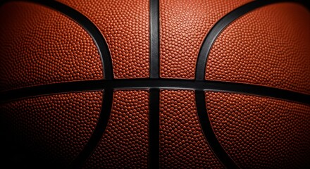 Obraz premium Close-up of a textured orange basketball featuring black seams and a detailed surface pattern with round dimples illuminated with studio lighting