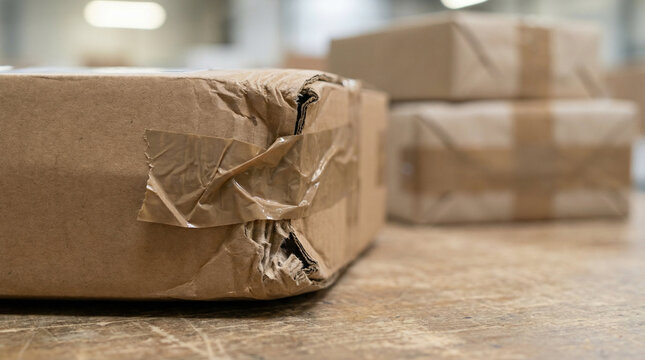 Damaged cardboard delivery package with ripped corners and crumpled surface shows poor handling during shipping process on wooden table in warehouse environment representing logistics service issue.