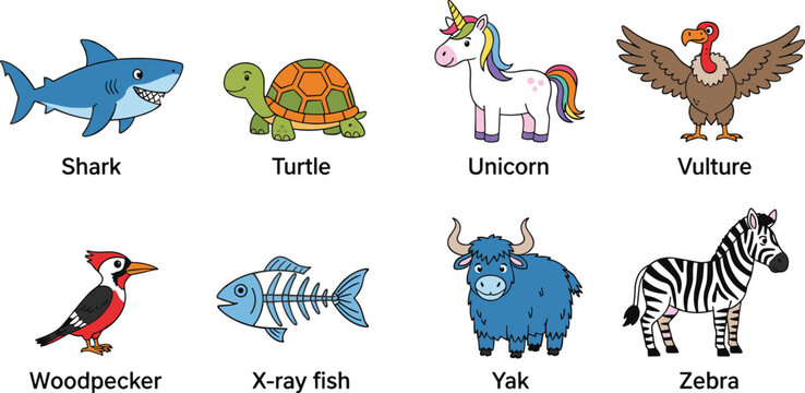 Vector illustration of cartoon animals including shark, turtle, unicorn, vulture, woodpecker, x‑ray fish, yak, and zebra
