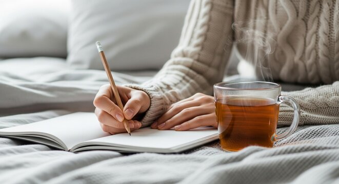 Close-up of a person journaling with pencil and cup of tea in a cozy setting; relaxing morning writing creative journaling