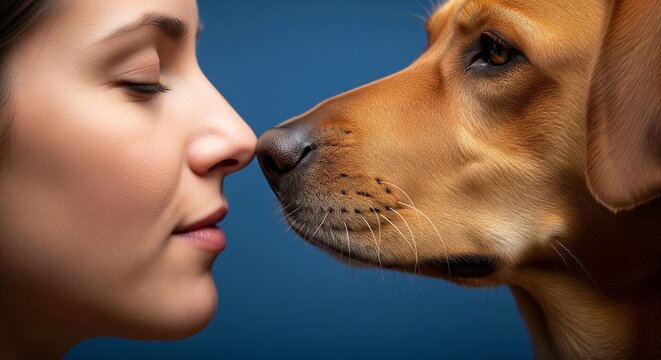 Close-up of a woman gently touching noses with a golden Labrador retriever against a serene blue backdrop symbolizing affection and companionship