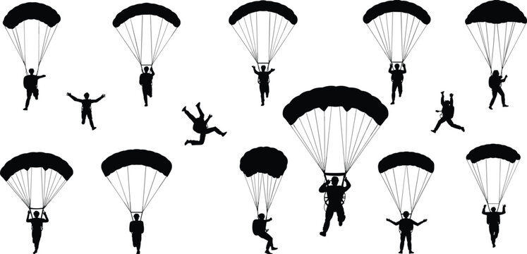 Parachuting skydiver silhouettes collection with parachutes isolated on white background, extreme sport skydiving illustration set for adventure and action design