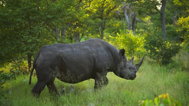 Black rhinoceros grazing on green grass and walking away in lush african national park, showcasing natural behavior in wild and untouched environment