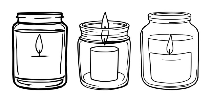 Apothecary candle jar set with black line art and simple illustration featuring candle, apothecary, jar with white background and minimalist design