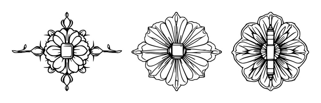 Black line art, Victorian rosette hinge, white background set with simple line art design featuring simple design, minimalist, black and white with illustrations and graphics