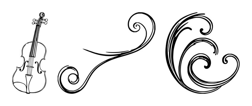 Black line art, violin scroll detail, white background set with simple line art design featuring simple design, minimalist, black and white with illustrations and graphics