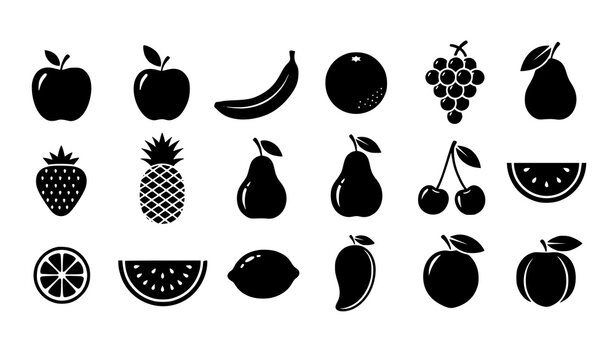 12 fruits silhouette icon set with apple banana orange vector collection isolated on white