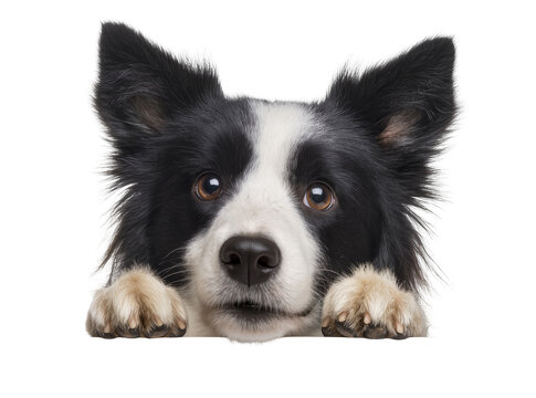 Isolated happy border collie puppy dog peeking and looking directly at camera with paws