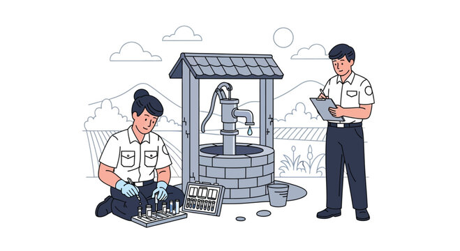 Two people inspecting a water well for quality control.