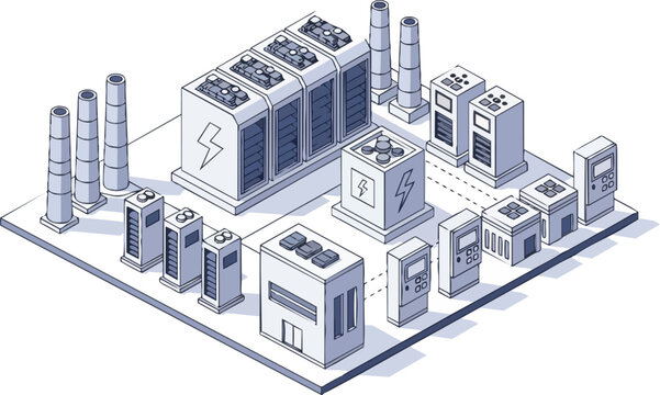 Isometric Energy Storage Facility and Electrical Substation Vector Line Art Illustration