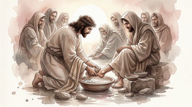 Washing of the Feet by Jesus, Maundy Thursday, New Testament Watercolor Illustration