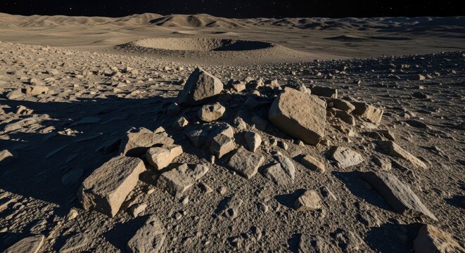 Angular breccia clasts scattered across a barren, rocky extraterrestrial landscape with distant hills and craters.