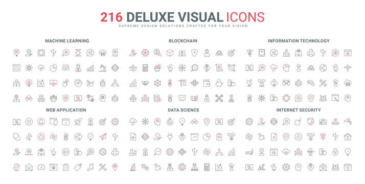 Machine learning, data science and blockchain line icons set. AI technology, key and lock of hacker, files and documents in folder, crypto market thin black and red symbols vector illustration