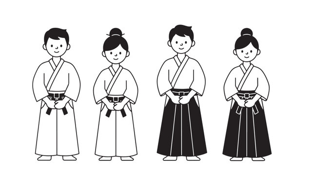 Martial artists in traditional uniform with hakama pants, depicted as a simple line art illustration for easy understanding and use.