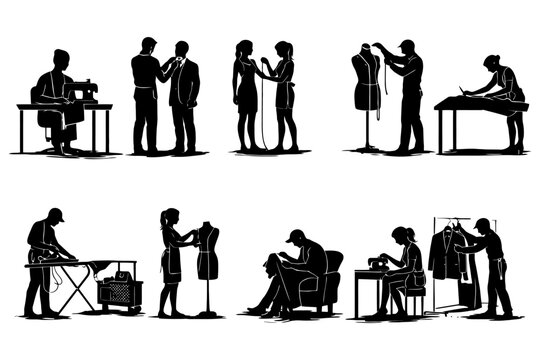 Silhouettes of fashion designers sewing and tailoring garments in studio setting.