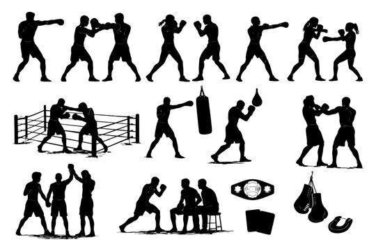 Silhouette boxers training and sparring in various poses and actions.