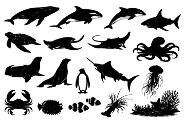 Obraz premium Silhouettes of diverse marine life including whale, shark, and octopus.
