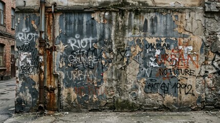 A weathered concrete wall is covered in layers of graffiti. The graffiti includes the words 