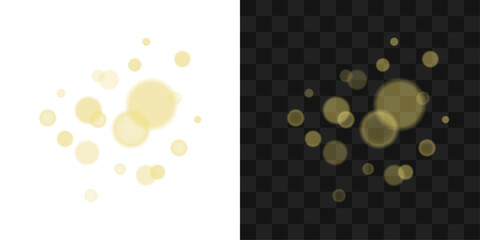 Warm yellow bokeh light sparkles with blurred golden particles and glowing dots on transparent background © Tomash