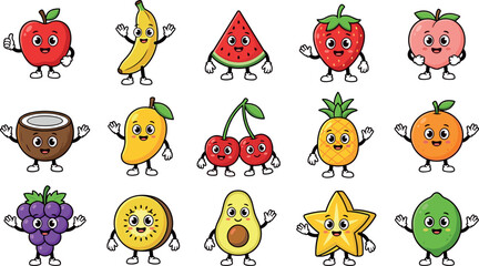 Obraz premium Vector Illustration of Cute Fruit Characters Including Apple, Banana, Strawberry, Pineapple, and More for Food and Fun Themes