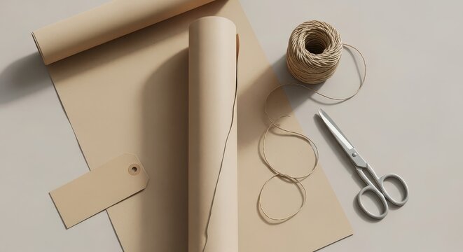 Minimalist kraft paper rolls for gift wrapping, eco-friendly brown paper packaging with twine and scissors, sustainable parcel shipping materials