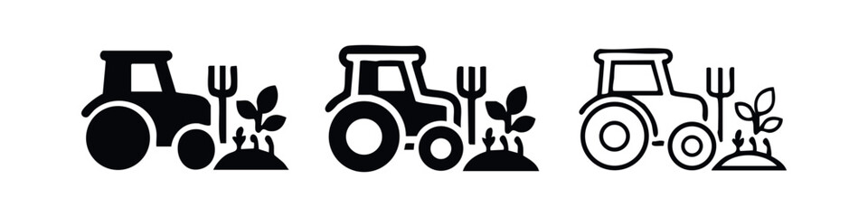 Farm tractor and pitchfork with plant icons, agriculture and gardening symbols in various styles on white background. © liubomir118809
