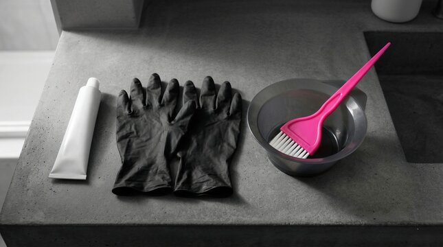 Pink hair dye tube, black protective gloves, mixing bowl, and brush on gray surface for professional hair coloring preparation.