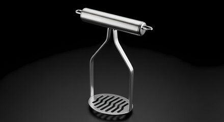 Obraz premium A silver metal potato masher with a circular base and a long handle is displayed on a black background