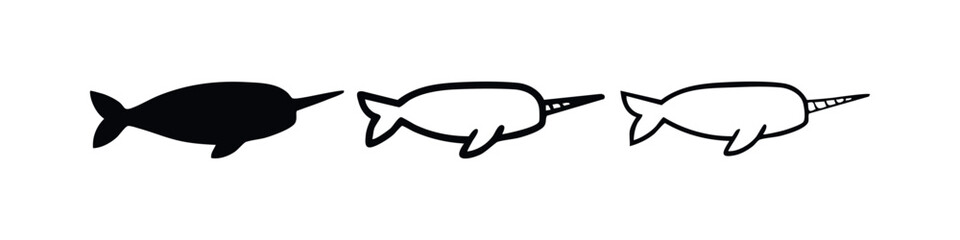 Narwhal fish icons set, cute whale with horn vector illustration in various styles: solid, outline, and detailed. © liubomir118809