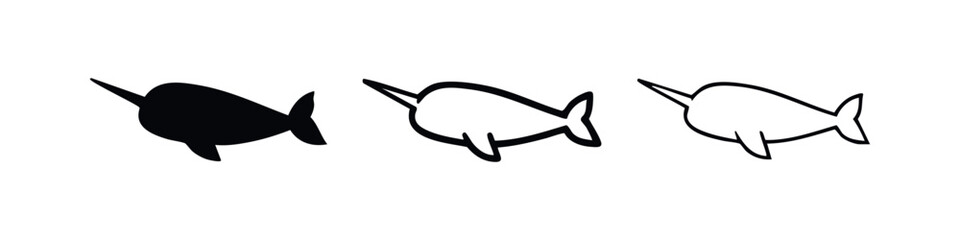 Narwhal fish icons set, marine mammal with tusk vector illustration in various styles: solid, outline, and detailed. © liubomir118809