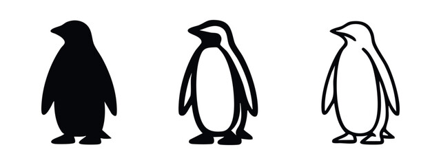 Penguin bird icons set, arctic wildlife animal symbol vector illustration in various styles: solid, outline, and detailed. © liubomir118809