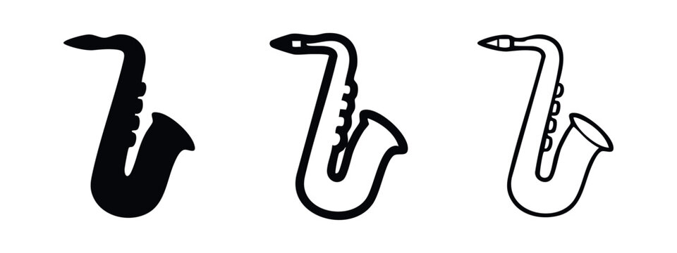 Saxophone Musical Instrument Icons Set. Jazz and Blues Sax Symbols. Wind Instrument Vector Collection.