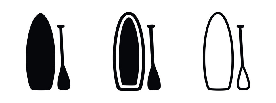 Stand up paddleboard and paddle icons set, water sports equipment vector illustration in various styles.