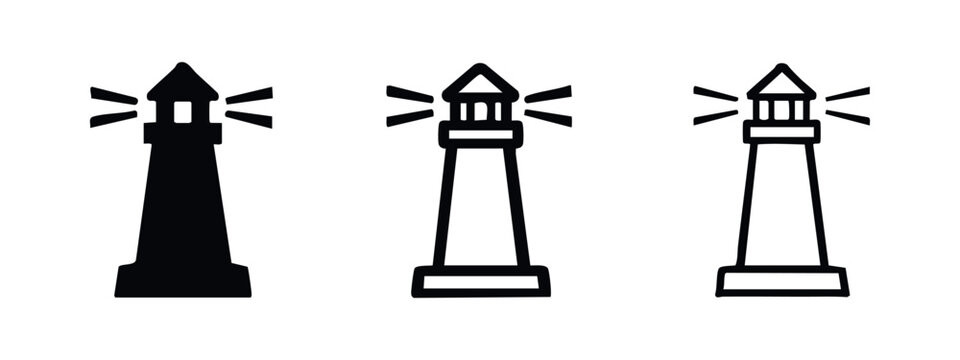 Simple lighthouse icon set in solid, outline, and line art styles for navigation and warning