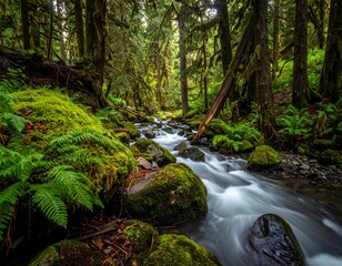Fototapeta premium Verdant forest stream tumbles over mossy rocks, surrounded by lush ferns and green trees