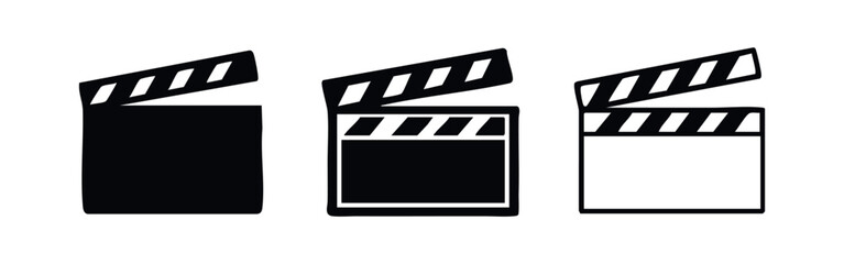 Fototapeta premium Movie clapboard icon set in various styles, vector illustration isolated on white background.