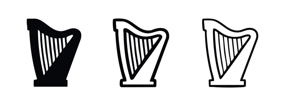 Harp musical instrument icon set in various styles, elegant sound symbol vector illustration