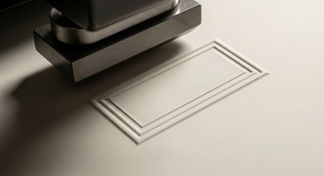 Embossed paper texture with elegant rectangular frame, luxury letterpress printing process, minimalist white cardstock with debossed border detail