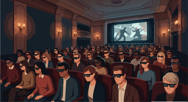 Wide angle vector illustration of a diverse audience sitting in a classic, ornate movie theater wearing 3D glasses. The spectators are focused on a large screen displaying an action scene. The interio
