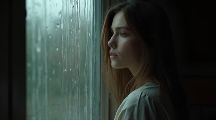 Obraz premium young woman looking out window