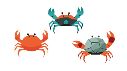 Fototapeta premium Collection of three stylized crab icons with different colors and geometric patterns representing various marine life and seafood species.