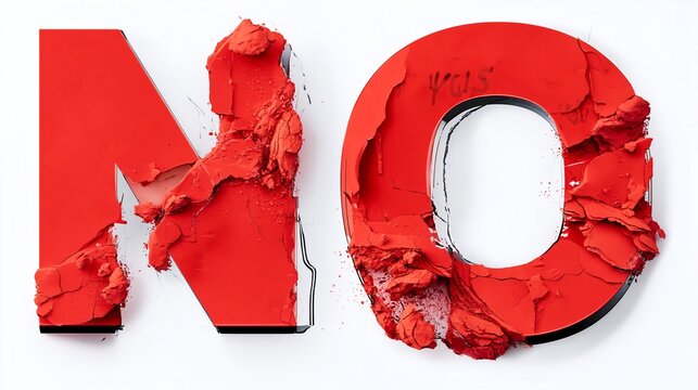 3D red text sculpture of the word "NO" with a cracked and textured surface, set against a clean white background for visual impact and emphasis