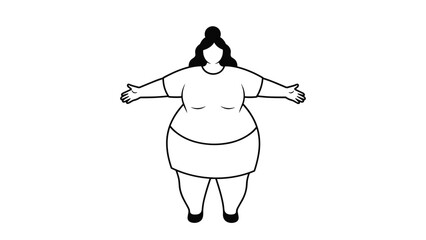 Fototapeta premium Simple black and white outline of a plus-size woman standing with her arms outstretched representing body positivity and self-acceptance.
