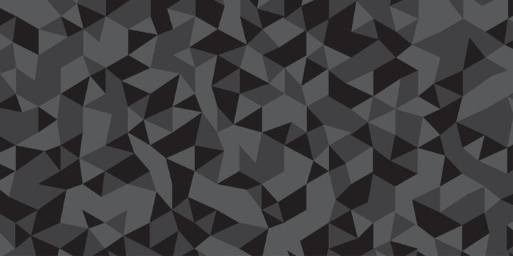 Abstract geometric black and gray background seamless mosaic and low polygon triangle texture wallpaper. Triangle shape retro wall grid pattern geometric ornament tile vector square element.