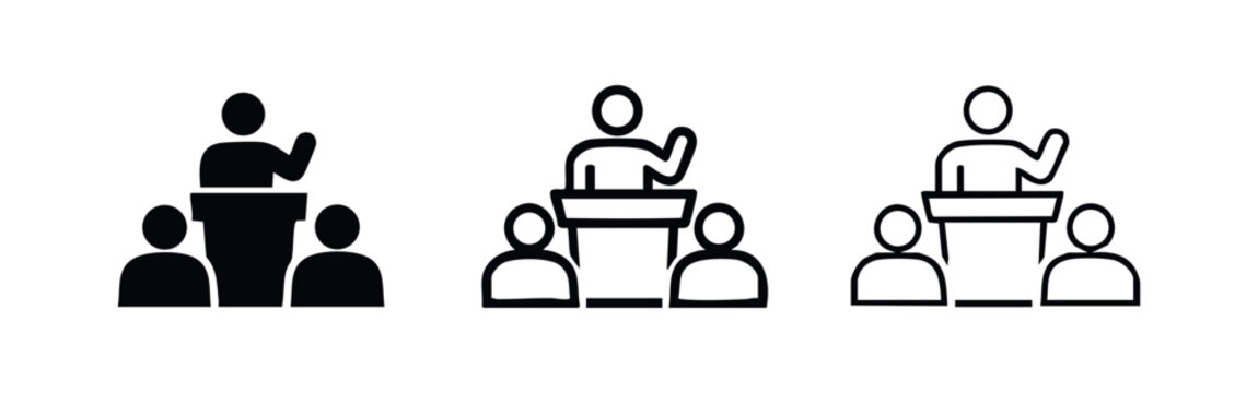 Speaker at podium with audience icon set, public speaking and presentation symbols for conferences.