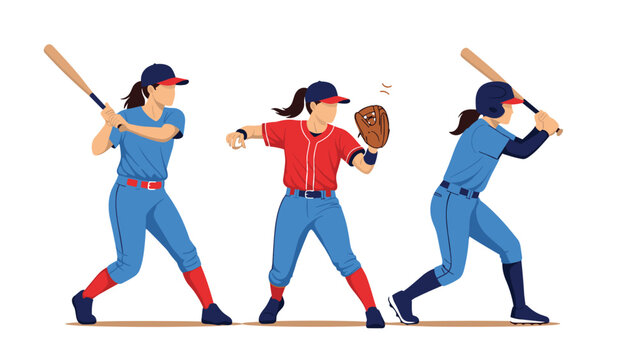 Three female softball players demonstrate different actions including batting, pitching, and fielding on the diamond.