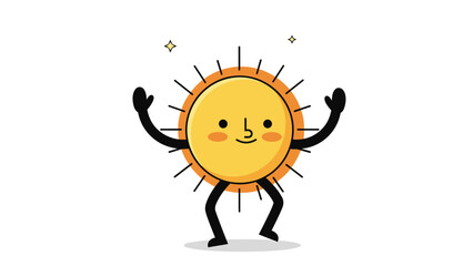 Obraz premium Cheerful cartoon sun character with arms raised and a happy face dancing on a white background with small stars.