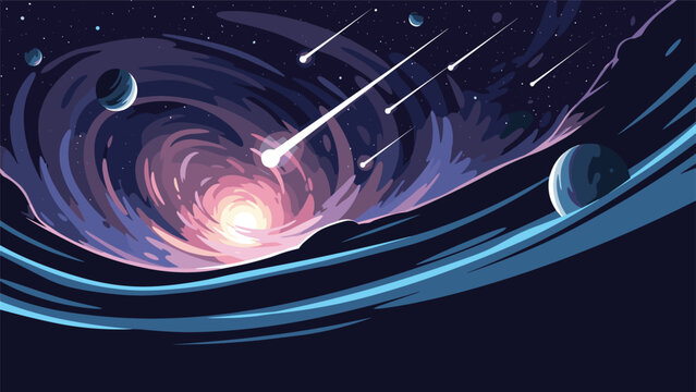 Dynamic cosmic illustration of a swirling galaxy vortex with falling meteors and distant planets in deep outer space.